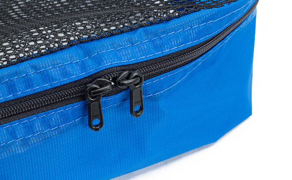 A close-up of the two zipper pulls on the Tri-Star Packing Cube.